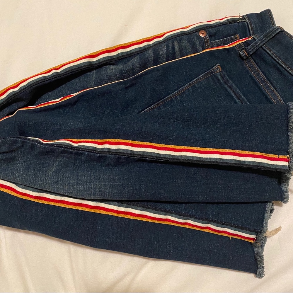 A&F High Rise Ankle Jeans with Rainbow Side Stripe